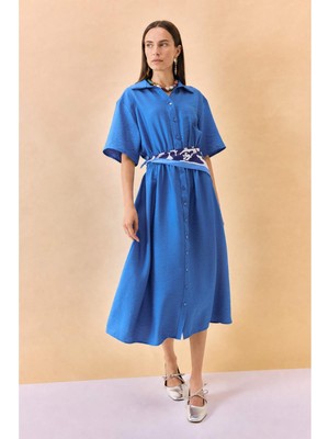 DeFacto Regular Fit Gömlek Yaka Beli Büzgülü Kısa Kollu Midi Elbise H6196AX26HS