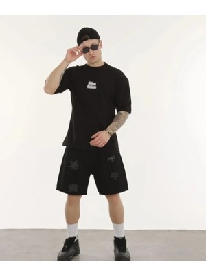 Lune Store Unisex Bisiklet Yaka Baskılı Oversize T-Shirt - Siyah