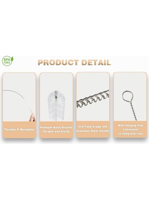 Prime 2'li Paslanmaz Çelik Pipet ve Boru Temizleme Fırçası - Şişe, Pipet, Hortum, Tüp Temizleyici