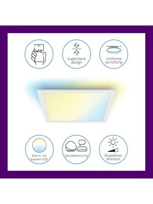 Wiz Panel Tavan Lambası Ayarlanabilir Beyaz, Kısılabilir, 1000 Lm, Sıcak Ila Soğuk Beyaz, Kare, Wi-Fi Üzerinden Uygulama/ses ile Akıllı Kontrol, Beyaz