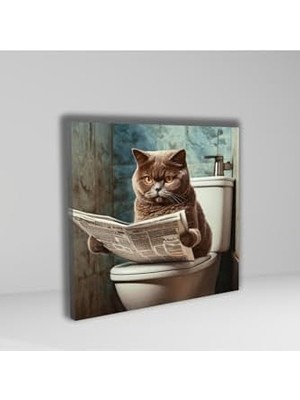 Prime Tekli Kare Kanvas Banyo Tablosu Gazete Okuyan Gri British Kedi 40 x 40 GARTNM8411