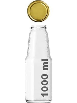 Prime 1000 ml Şeffaf Meyve Suyu Şişesi, Meşrubat, Limonata Şişesi Metal Kapaklı 1000 cc Boş Cam Şişe (2, Altın Kapak, 1000, Mililitre)