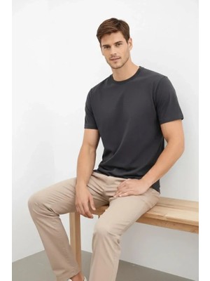 Lune Store Erkek Bisiklet Yaka Tişört Regular Kalıp Basic Pamuklu Günlük Kullanım T-Shirt - Füme