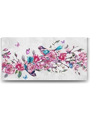 Prime Pembe Çiçekli Dalda Kuşlar Tablosu - 60X30CM
