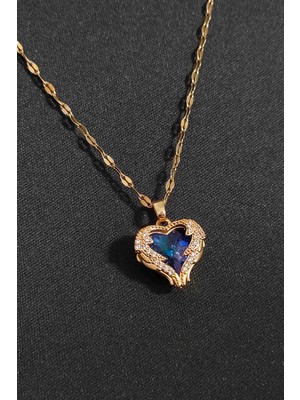 Trend Collection Kadın Paslanmaz Çelik Gold Zirkon Taşlı Mavi Kalp Kolye