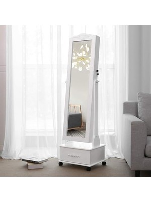 Prime Tekerlekli ve LED Aydınlatmalı Kilitlenebilir Mücevher Dolabı, Beyaz, JBC61W