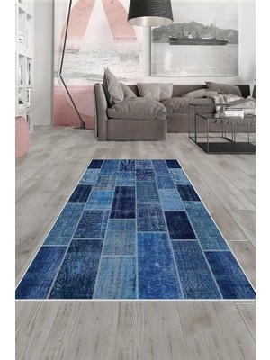 Prime Pelangi Lacivert Patchwork Kırkama Desen Yıkanabilir Kaymaz Taban Leke Tutmaz Modern Salon Halısı ve Yolluk, Lacivert 160 x 250