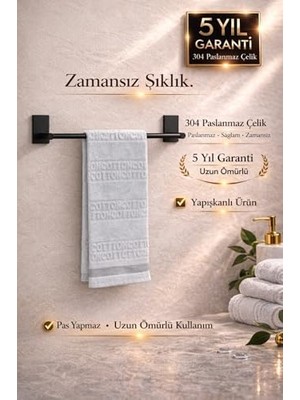 Prime Banyo Premium Siyah 304 Paslanmaz Uzun Havluluk, Havlu Askısı | Güçlü Yapışkan | 5 Yıl Garanti