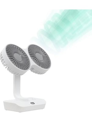 Vuralsin38 Çift Başlı Taşınabilir USB Şarjlı Fan, LED Gece Lambası ve 5000MAH Pil ile Uzun Çalışma Süresi, Ayarlanabilir Hız ve 270° Dönebilir Kafalar, Ev, Ofis, Kamp Için Ideal (CZ-01X - Beyaz)