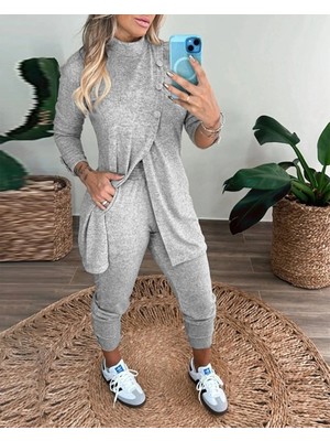 Lune Store Kadın Uzun Kollu Balıkçı Yaka Önden Düğmeli Bluz ve Pantolon Yumoş Ikili Takım