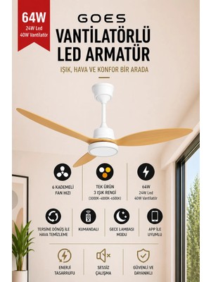Goes Büyük Boy Tavan Vantilatörü LED Avize 132CM 65 Watt 6 Kademeli Kumandalı ve Telefon Uygulaması Kontrollü Gva-64
