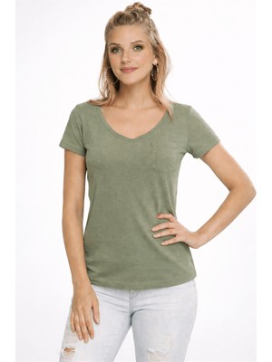 Fashion Friends 26Y0147K1 Kadın V Yaka Cepli T-Shirt