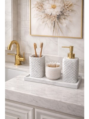 UltraMint Mermer Desenli Beton Banyo Wc Seti, Sıvı Sabunluk ve Diş Fırçalık