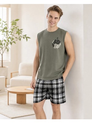 Pijaman Erkek %100 Pamuk Kolsuz Yazlık Pijama Takımı Ekose Şortlu-Haki