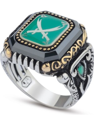 Innuendo Jewelry 925 Ayar Gümüş Yeşil Zeminli Zülfikar Kılıcı Motifli Erkek Yüzük