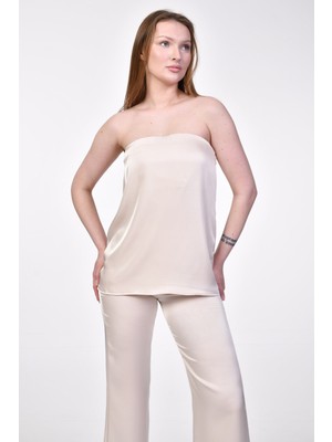 Quzu Saten Straplez Bluz  - Bej Bej - S