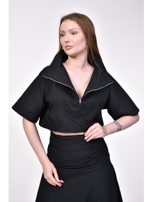 Bebe Plus Geometrik Dikiş Detaylı Siyah Crop Bluz  - Siyah Siyah - S