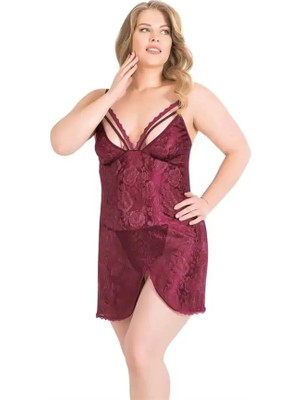 Ang Butik Büyük Beden Bordo Kısa Jakarlı Gecelik