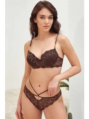 Ang Butik Balenli Destekli Dolgulu Askı Detaylı Dantelli Sütyen ve Slip Takım