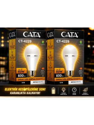 Cata 9W-60W Gücünde Şarj Ampul 2 Adet 830 Lümen Beyaz