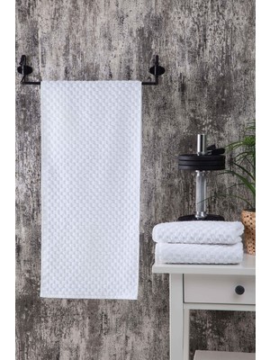 Eumenia Beyaz Kare Desen Spor Havlusu 30 x 90 cm 100% Pamuk Yumuşak Dokulu 3 Adet