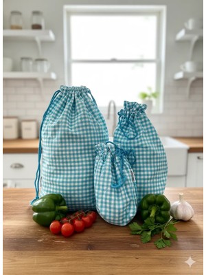 Sumicorn Design Mavi Pötikareli Ekolojik Büzgülü Bez Kese,çevre Dostu Düzenleyici Kese,mutfak Kesesi (3lü Set)