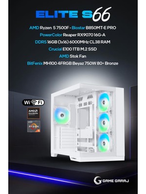 Game Garaj Elite S66 Amd R5 7500F 16GB Ram 1tb SSD RX9070 Freedos Oyuncu Oem Paket