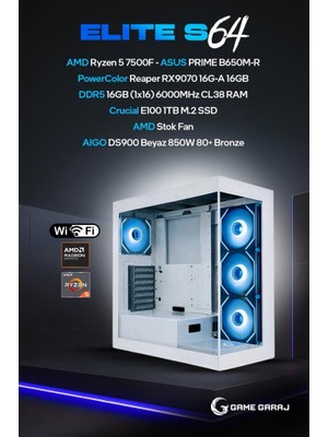 Game Garaj Elite S64 Amd R5 7500F 16GB Ram 1tb SSD RX9070 Freedos Oyuncu Oem Paket