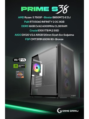 Game Garaj Prime S38 Amd Ryzen 5 7500F 16GB Ram 1tb SSD RTX5060 120MM Sıvı Soğt Freedos Oyuncu Oem Paket