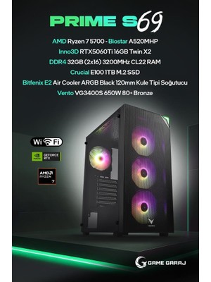 Game Garaj Prime S69 Amd R7 5700 32GB Ram 1tb SSD RTX5060TI 16GB Freedos Oyuncu Oem Paket