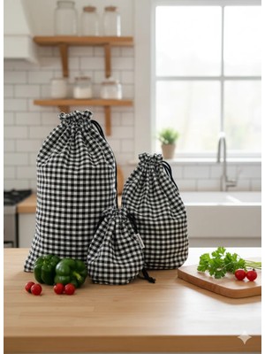 Sumicorn Design Siyah Pötikareli Ekolojik Büzgülü Bez Kese,çevre Dostu Düzenleyici Kese,mutfak Kesesi (3lü Set)