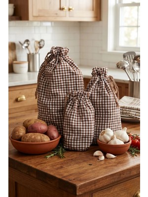 Sumicorn Design Kahverengi Pötikareli Ekolojik Büzgülü Bez Kese,çevre Dostu Düzenleyici Kese,mutfak Kesesi (3lü Set)