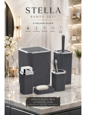 Okyanus Home Stella Antrasit Kromlu Çizgili Kare 5'li Banyo Seti