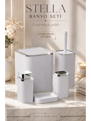 Okyanus Home Stella Beyaz Kromlu Çizgili Kare 5'li Banyo Seti