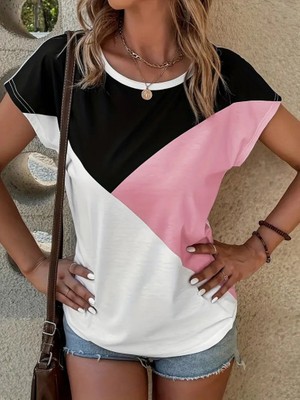 Oada Kadın Bisiklet Yaka Üç Renk Viskon T-Shirt