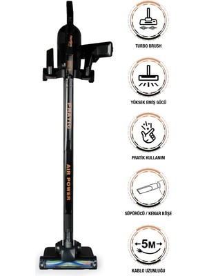 Fantom Pratic Aır Power P 1250  Siyah Torbasız Dönebilen Turbo Başlıklı Dikey Süpürge