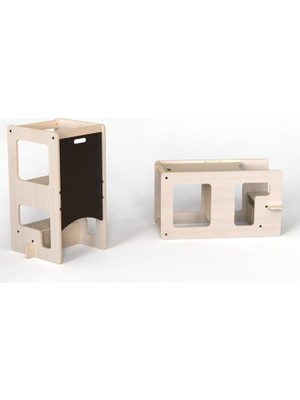 Defne Store Mamatoyz Flip 3'ü 1 Arada Ahşap Öğrenme Kulesi, Yazı Tahtası ve Aktivite Masası Terracotta, Doğal Ahşap Malzeme