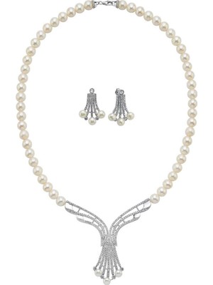 Birinci1926 Zirkon Taşlı Doğal İnci Küpe Kolye İkili Set