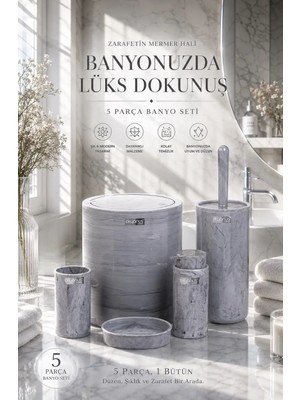 Okyanus Home Yuvarlak Mermer Desenli Banyo Seti Sert Plastik Malzemeden 5 Parça Şık Tasarım
