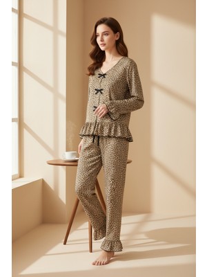 Bnchic Kadın Uzun Kollu Leopar Desenli Fiyonklu Ev Giyim Pijama Takımı