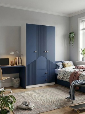 By Cino BYCİNO Cenova 3 Kapaklı 2 Çekmeceli Modern Tasarım Mdf Membran Kapak Lambiri Lacivert Gardırop