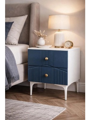 By Cino BYCİNO Cenova 2 Çekmeceli Modern Tasarım Mdf Membran Kapak Lacivert Lambiri Komodin