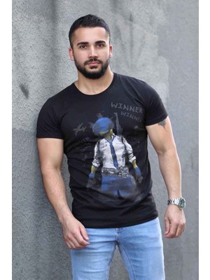 Madmext Baskılı Siyah Tişört 4028