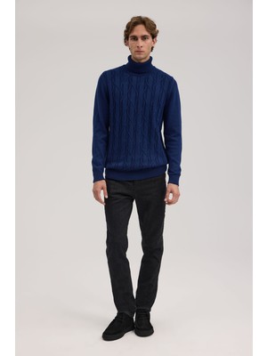 Jakamen İndigo Slim Fit Desenli Tam Balıkçı Yaka Triko