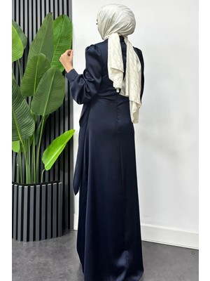 Tesettür Diyarı Roya Model Yandan Bağlamalı Saten Abiye-Lacivert