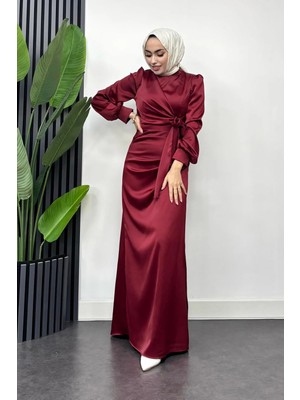 Tesettür Diyarı Roya Model Yandan Bağlamalı Saten Abiye-Bordo