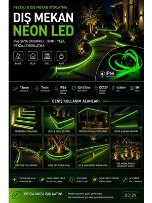 RISHANG Yeşil Neon LED - METREDE 17 Watt - 12 VOLT - Dış Mekan Uyumlu, Hortum Şerit LED - 3 Yıl Garanti