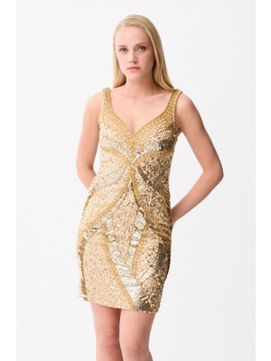 Love My Body V Yaka Kısa Elbise Gold 124L9834000