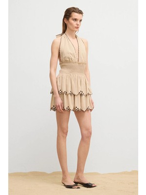 Love My Body  Moda Tutkusu Nakış Detaylı V Yaka Elbise Bej 124M2334001