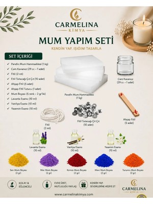 Carmelina Başlangıç Mum Yapim Setleri, Parafin- Mum Boyalari, Mum Esanlari- Ahsap Fitil- Çıt Çıt- Kavonoz